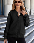 Black Solid Textured Stand Neck Zipper Bomber Jacket - Little Miss Vanilla