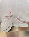 White Embroidered Sherpa Plush Thick Sole Winter Slippers - Little Miss Vanilla