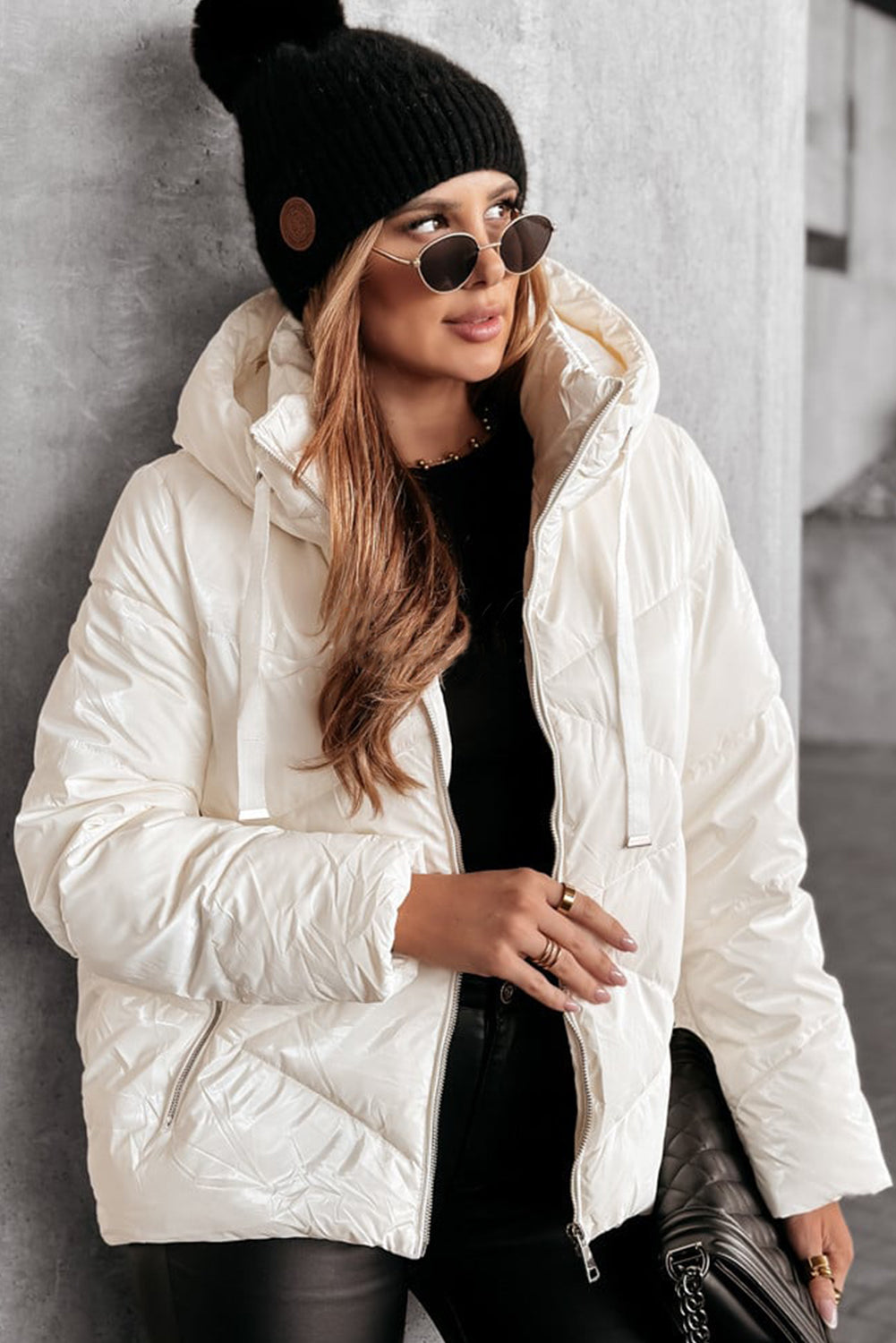 White Solid Quilted Hooded Zip Up Puffer Coat - Little Miss Vanilla