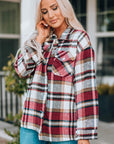 Fiery Red Geometric Plaid Print Pocketed Shacket