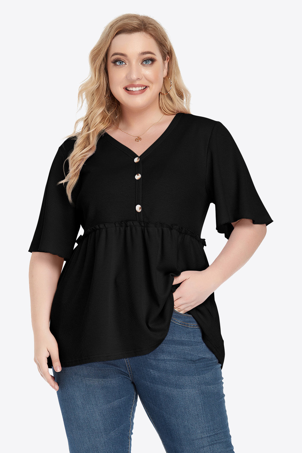 Plus Size Buttoned V-Neck Frill Trim Babydoll Blouse - Little Miss Vanilla