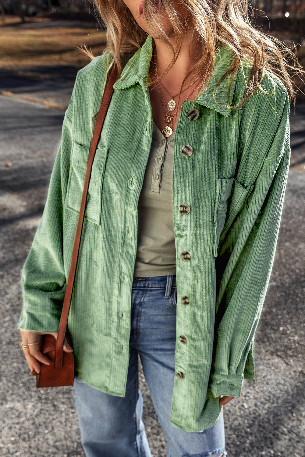 Mist Green Patched Pocket Button Up Corduroy Shacket - Little Miss Vanilla