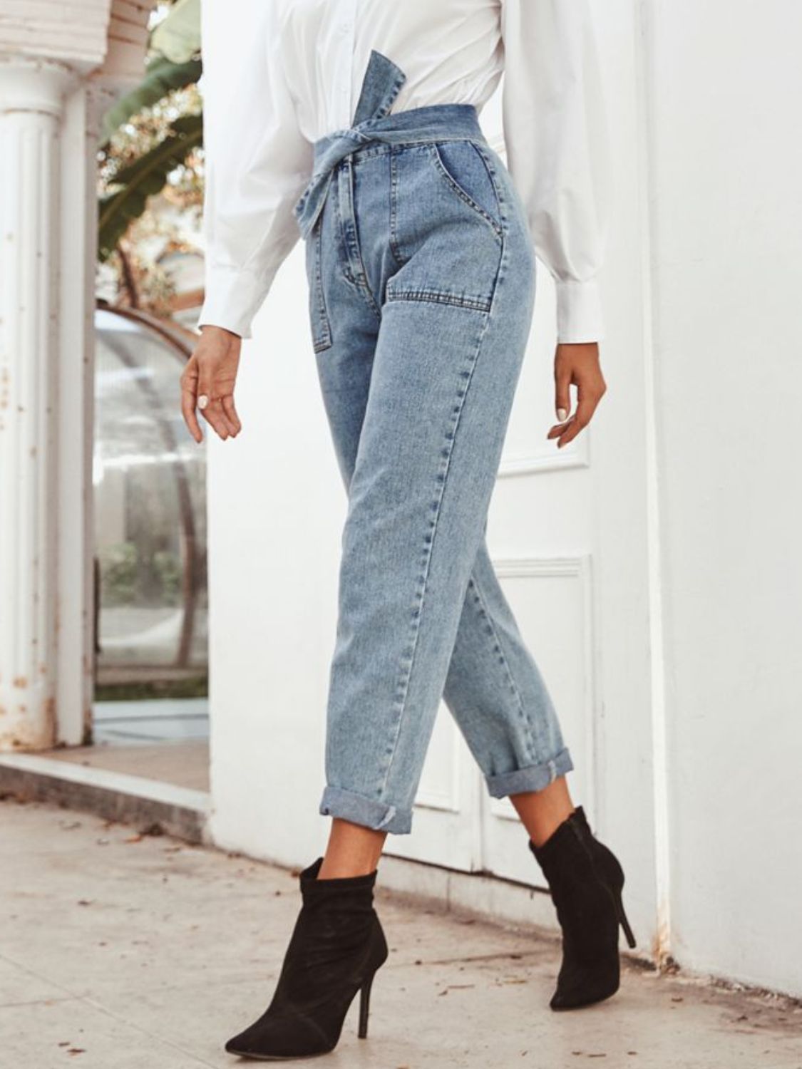 Tied Straight Leg Jeans with Pockets - Little Miss Vanilla