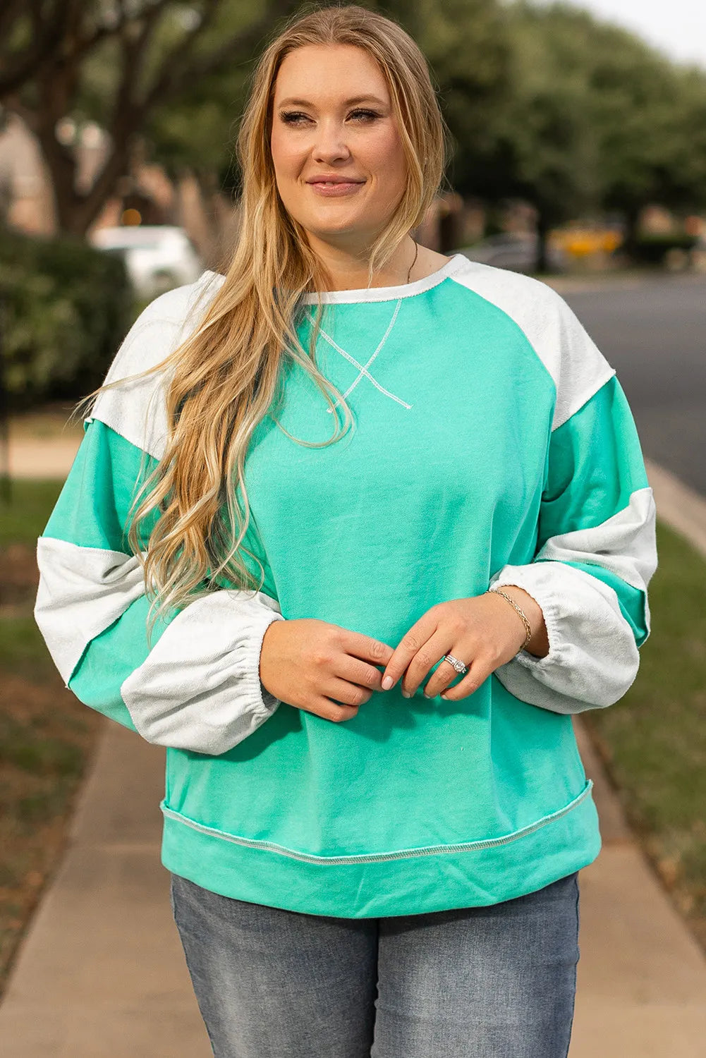 Plus Size Exposed Seam Color Block Long Sleeve Sweatshirt - Little Miss Vanilla