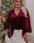 Sequin Notched Long Sleeve Blouse - Little Miss Vanilla