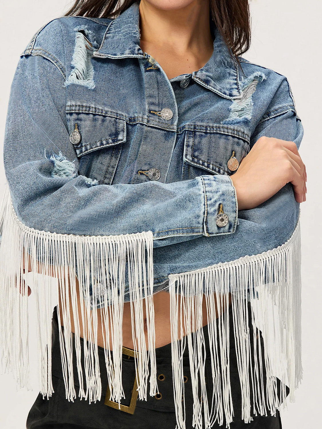 Distressed Fringe Collared Neck Cropped Denim Top - Little Miss Vanilla