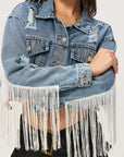 Distressed Fringe Collared Neck Cropped Denim Top - Little Miss Vanilla