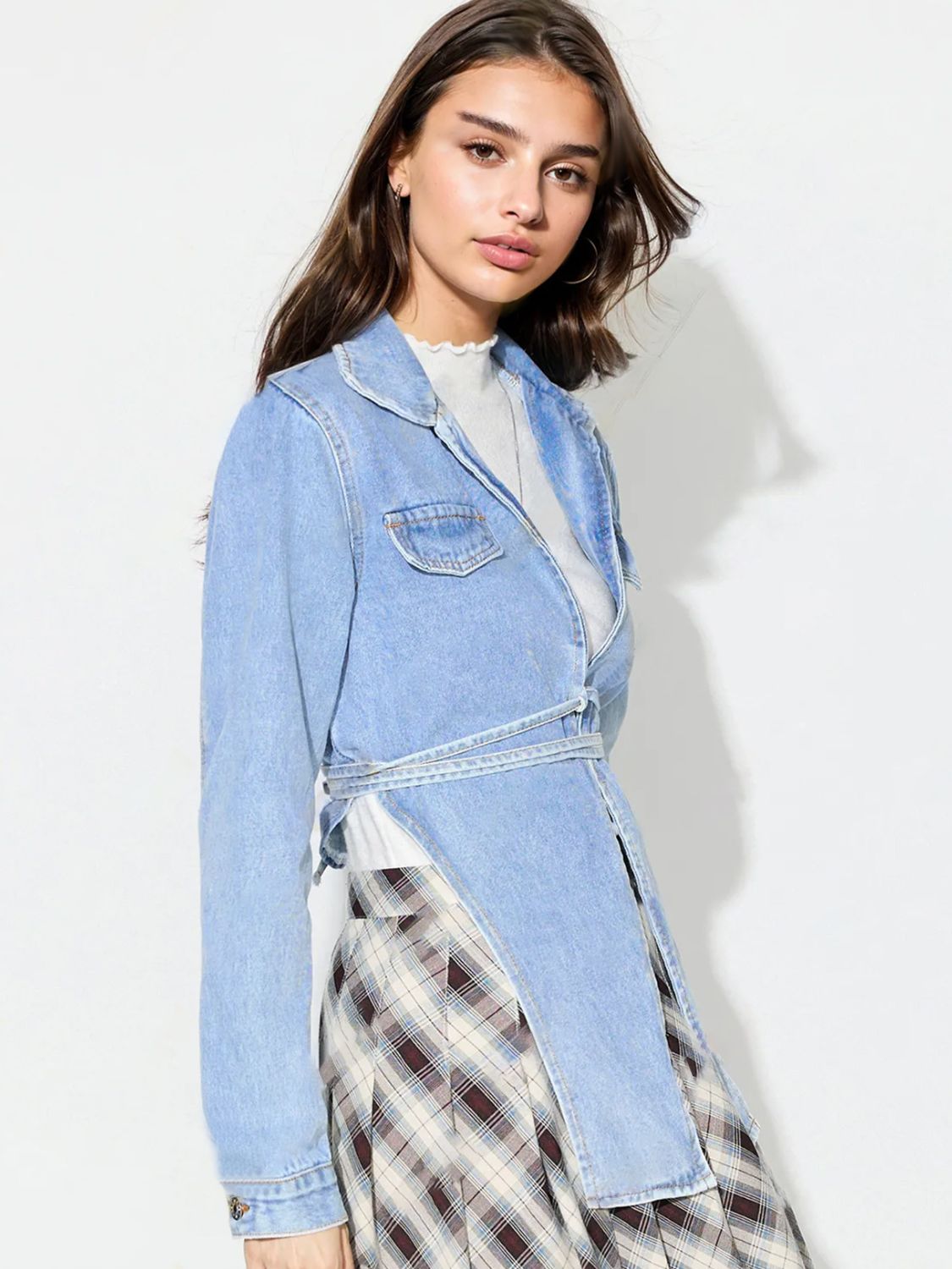 Asymmetric Slit Collared Neck Long Denim Top - Little Miss Vanilla