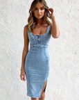 New U-neck Suspender Denim Dress Summer Casual Tight Slim Fit Dresses With Slit Design Womens Clothing - Little Miss Vanilla