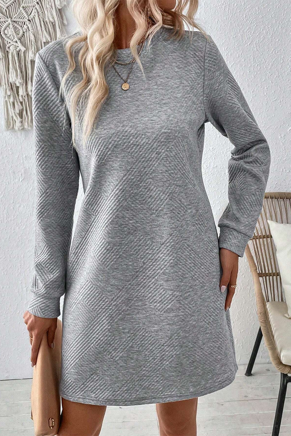 Gray Solid Color Textured Long Sleeve Shift Dress - Little Miss Vanilla