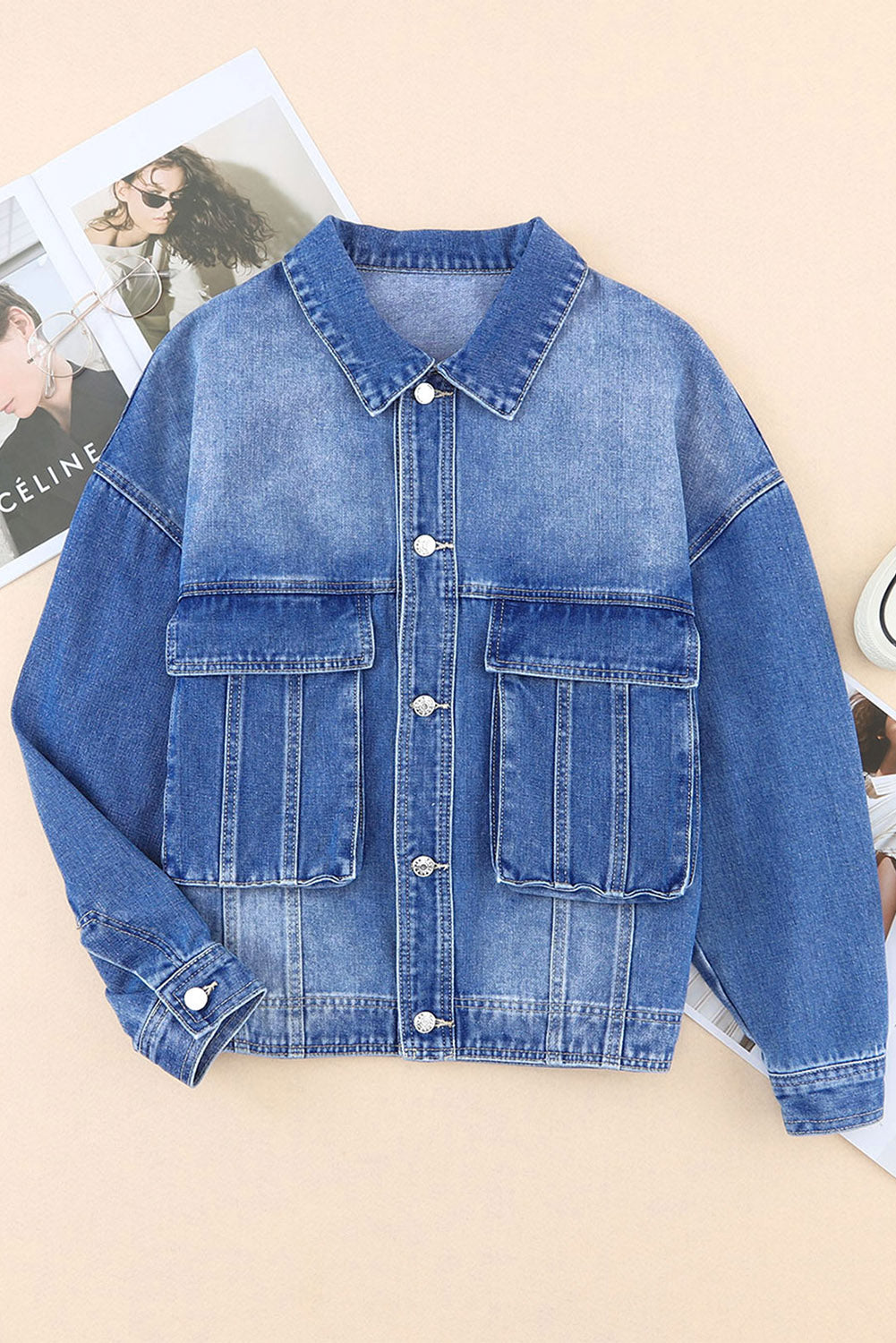 Blue Chest Pockets Drop Shoulder Loose Denim Jacket - Little Miss Vanilla