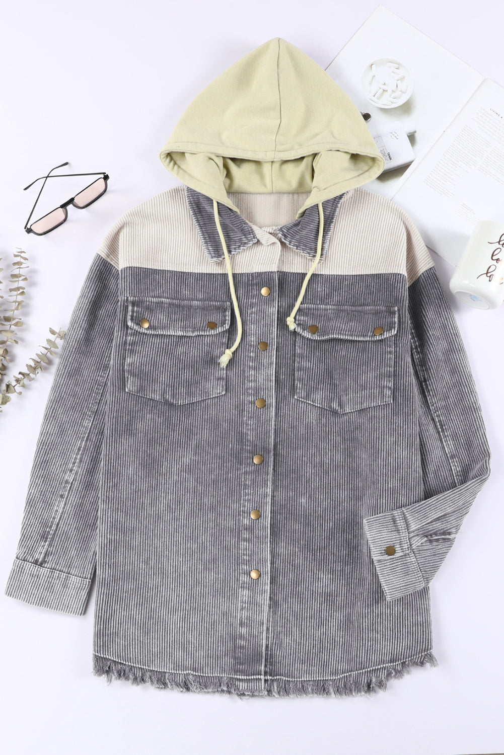 Gray Color Block Button Down Hooded Corduroy Jacket - Little Miss Vanilla