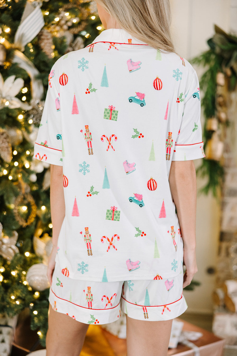 White Christmas Print Short Sleeve Shirt and Shorts Pajama Set - Little Miss Vanilla