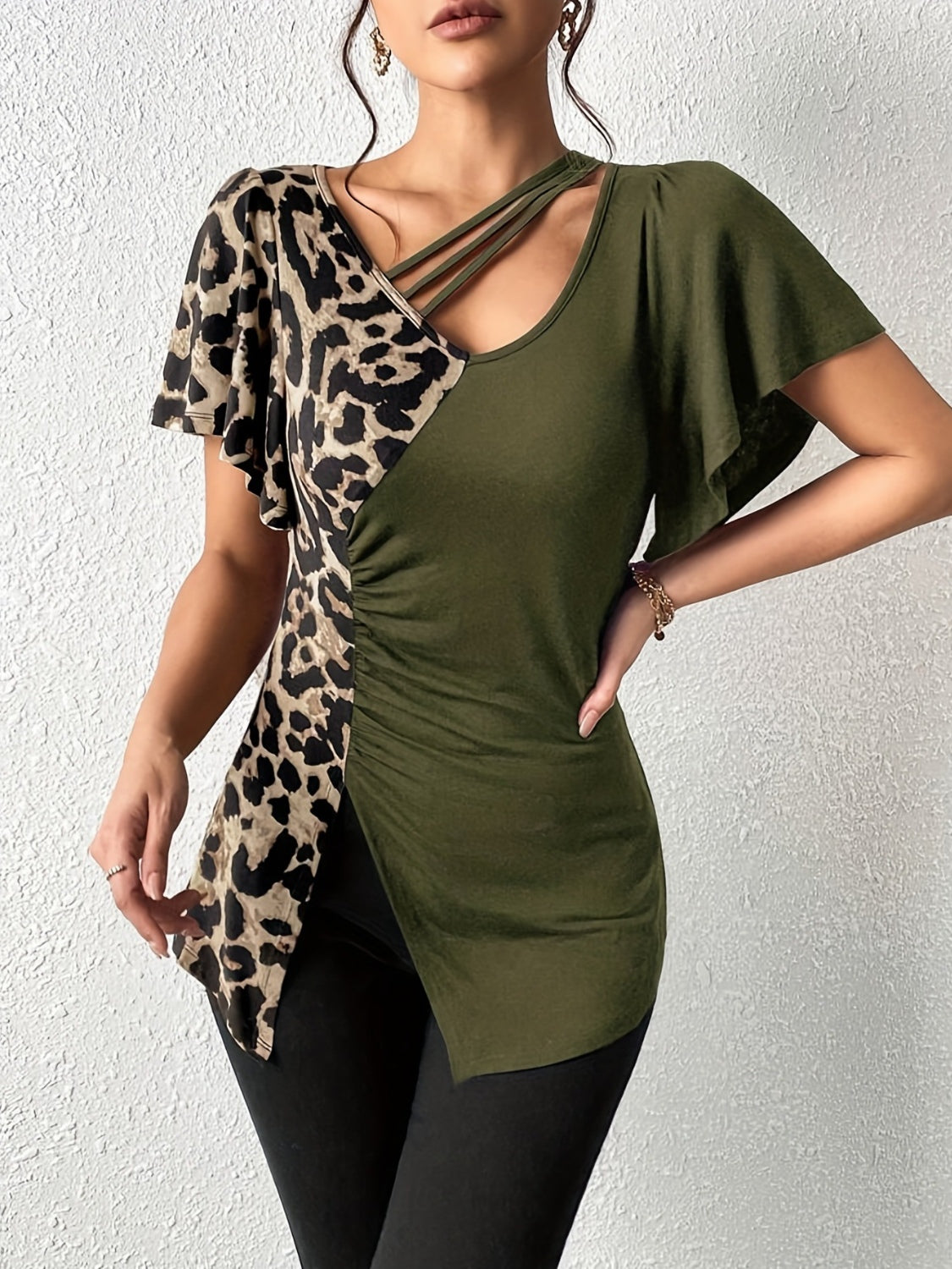 Ruched Leopard Flutter Sleeve T-Shirt - Little Miss Vanilla