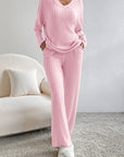 Light Pink Ribbed Knit V Neck Slouchy Two-piece Outfit - Little Miss Vanilla