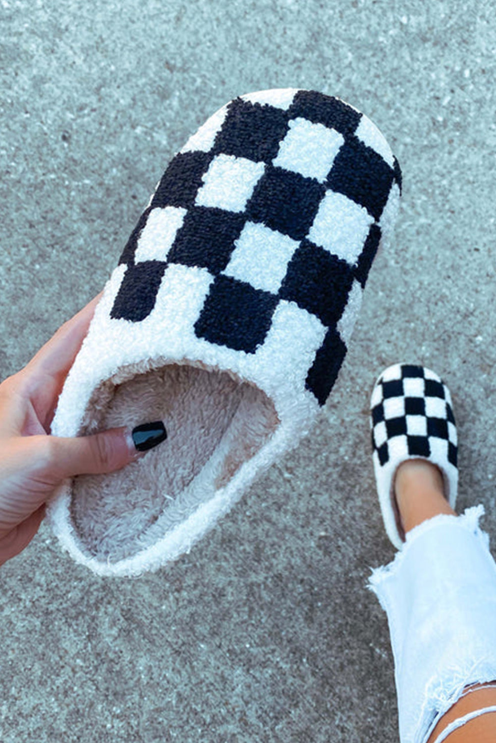 Black Checkered Print Fuzzy Slip On Winter Slippers - Little Miss Vanilla