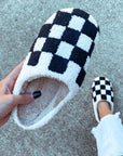 Black Checkered Print Fuzzy Slip On Winter Slippers - Little Miss Vanilla