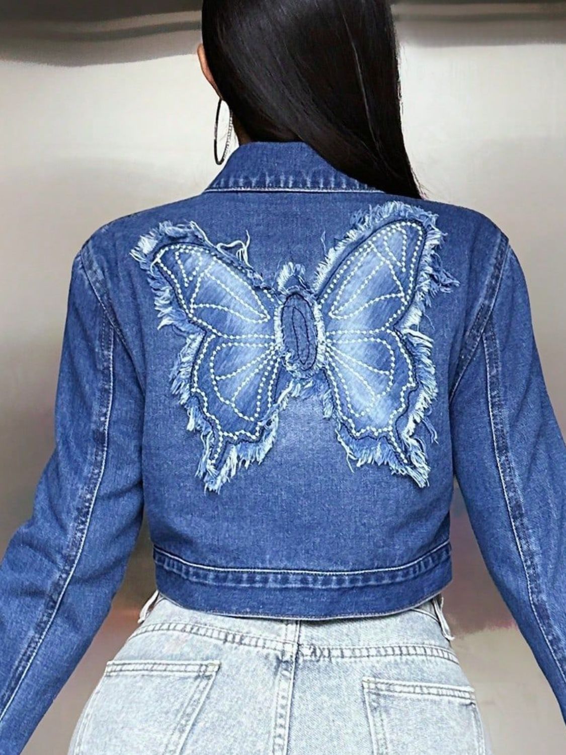 Butterfly Patch Long Sleeve Cropped Denim Top - Little Miss Vanilla