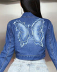 Butterfly Patch Long Sleeve Cropped Denim Top - Little Miss Vanilla