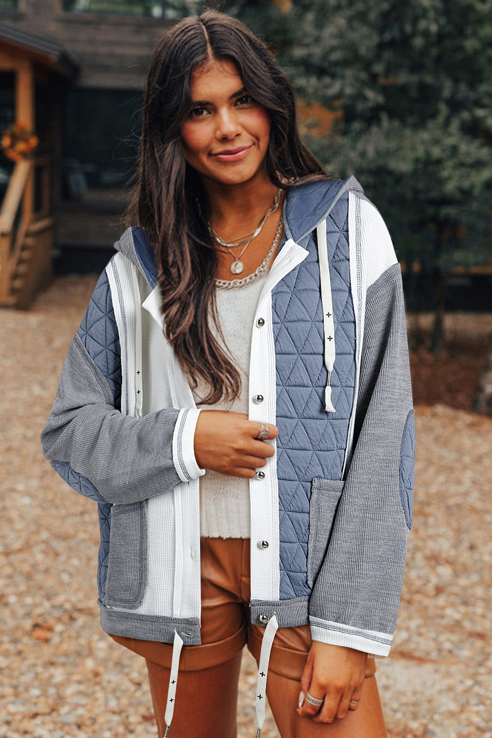 Light Blue Quilted Textured Patchwork Loose Fit Hooded Jacket - Little Miss Vanilla