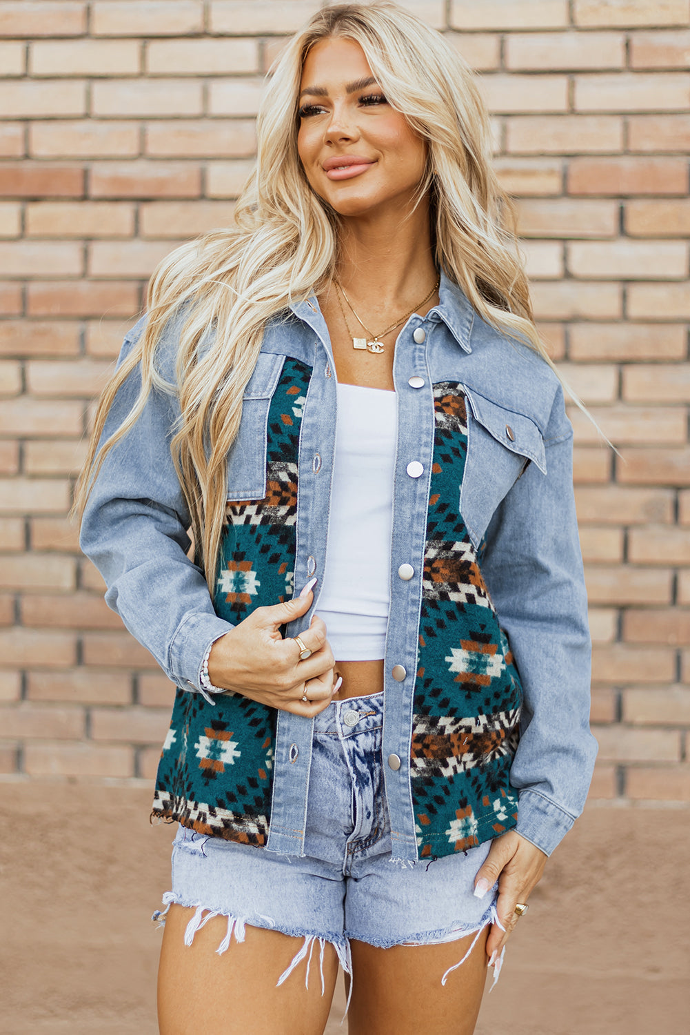 Blue Aztec Printed Denim Jacket - Little Miss Vanilla