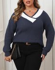 Plus Size Contrast Dropped Shoulder Long Sleeve Sweater - Little Miss Vanilla