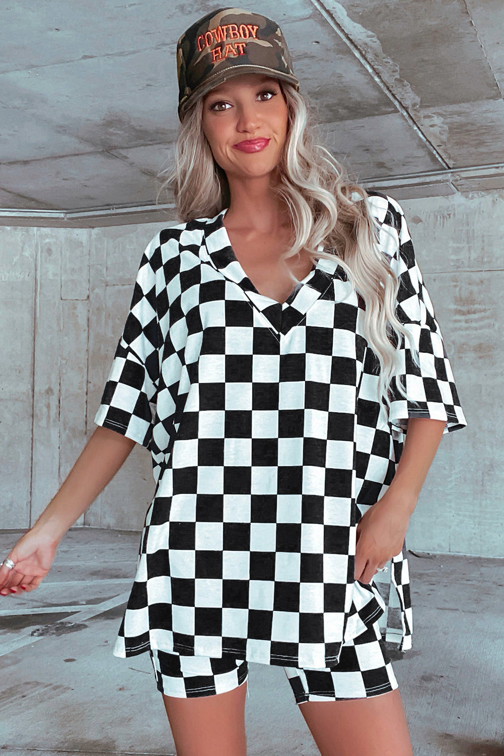 Black Checkerboard Print V Neck Loose Tee and Shorts Lounge Set - Little Miss Vanilla