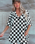 Black Checkerboard Print V Neck Loose Tee and Shorts Lounge Set - Little Miss Vanilla