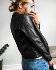 Black Solid Faux Leather Zipper Slim Fit Bomber Jacket