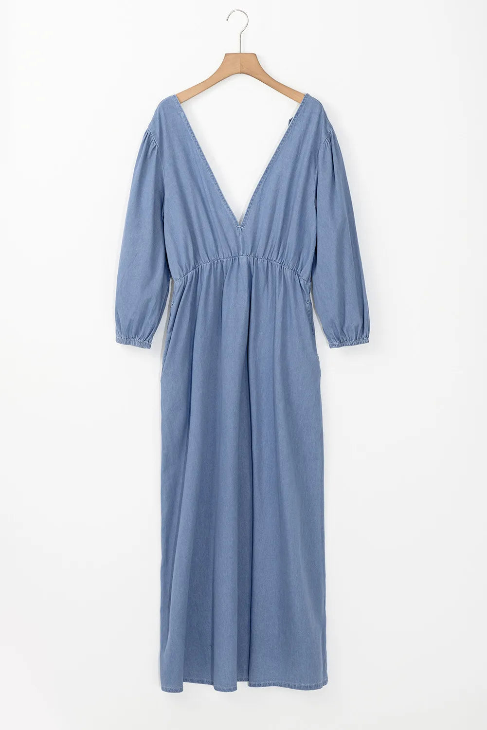 Tied Plunge Three-Quarter Sleeve Denim Dress - Little Miss Vanilla