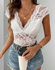 Perfee Lace Backless V-Neck Cap Sleeve Bodysuit - Little Miss Vanilla