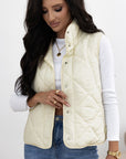 Beige Quilted High Neck Button Up Pocket Vest Coat - Little Miss Vanilla