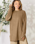 Basic Bae Full Size Ribbed Round Neck Long Sleeve Slit Top - Little Miss Vanilla