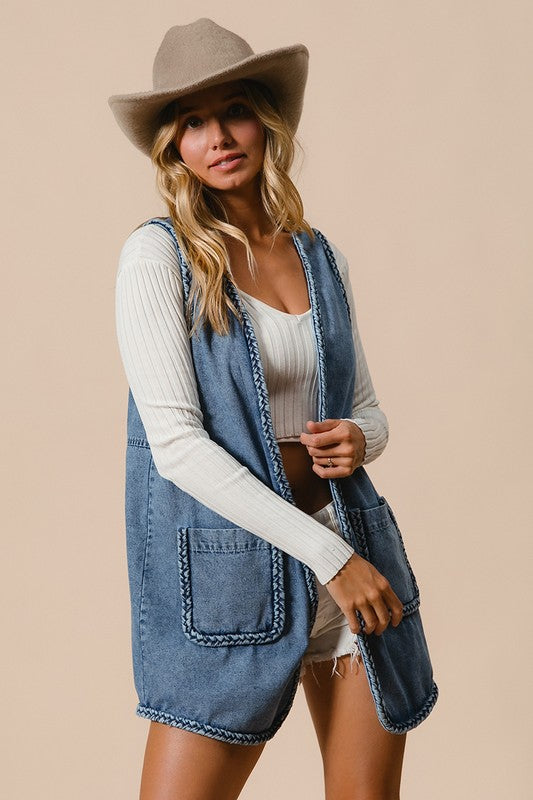 BiBi Braided Trim Open Front Denim Vest with Pockets - Little Miss Vanilla