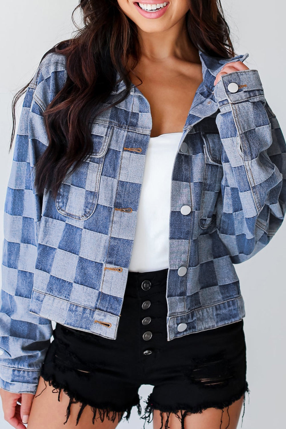 Checkered Button Up Denim Jacket - Little Miss Vanilla