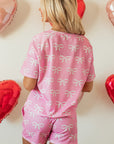 Pink Waffle Knit Bowknot Printed V Neck T Shirt and Shorts Set - Little Miss Vanilla