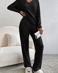 Black Ribbed Knit V Neck Slouchy Two-piece Outfit - Little Miss Vanilla