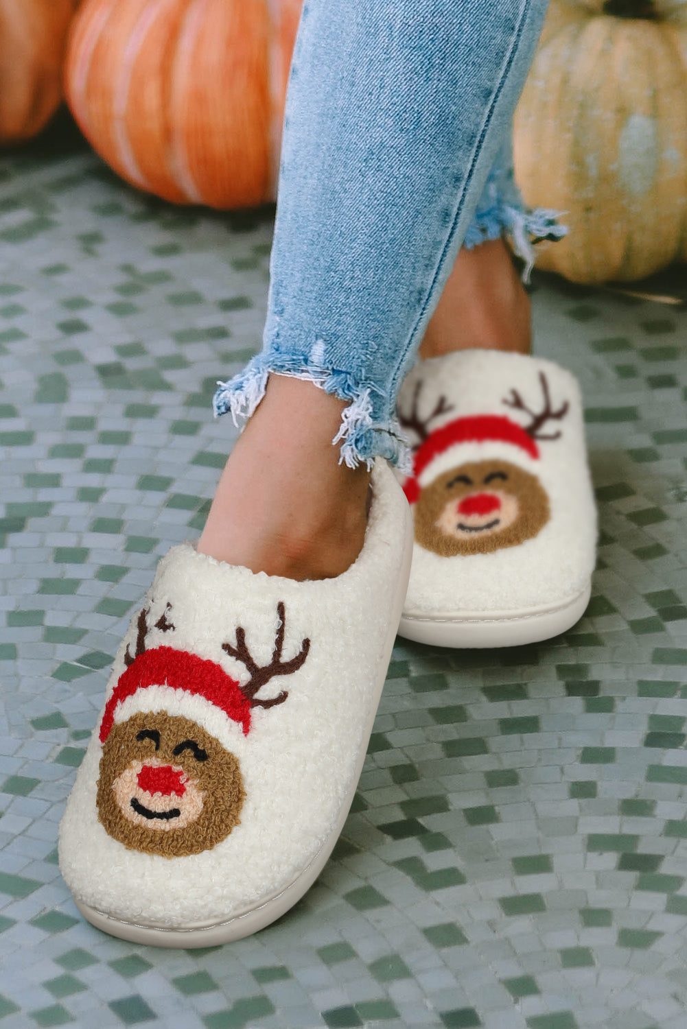 White Christmas Deer Home Indoor Plush Slippers - Little Miss Vanilla