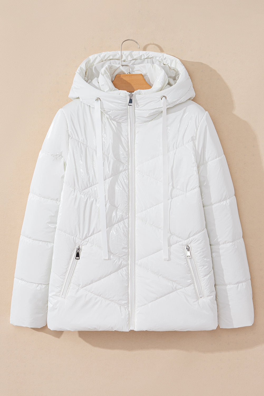 White Solid Quilted Hooded Zip Up Puffer Coat - Little Miss Vanilla