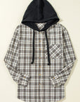 Black Checkered Print Loose Fit Buttoned Hooded Shacket