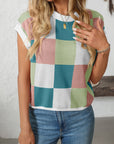 Mandy Checkered Round Neck Cap Sleeve Knit Top - Little Miss Vanilla