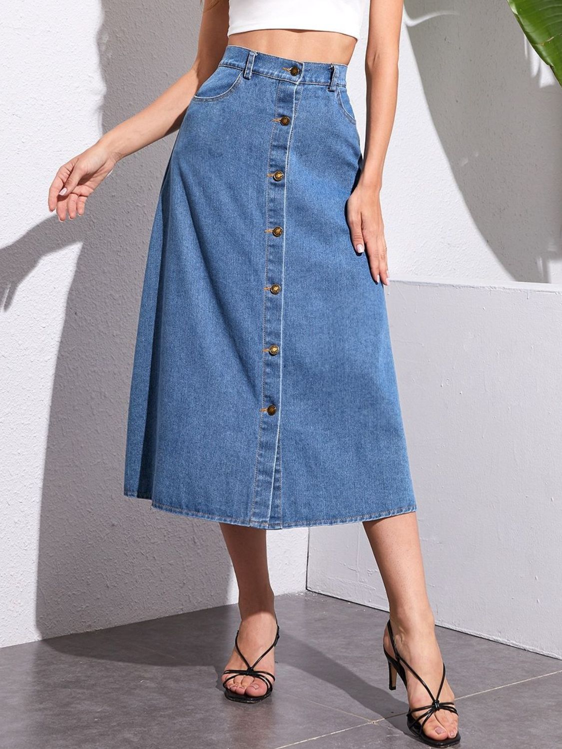 Buttoned Midi Denim Skirt with Pockets - Little Miss Vanilla