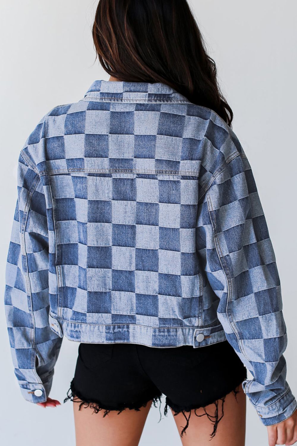 Checkered Button Up Denim Jacket - Little Miss Vanilla