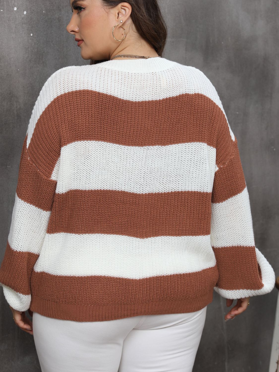 Plus Size Striped Round Neck Long Sleeve Sweater - Little Miss Vanilla