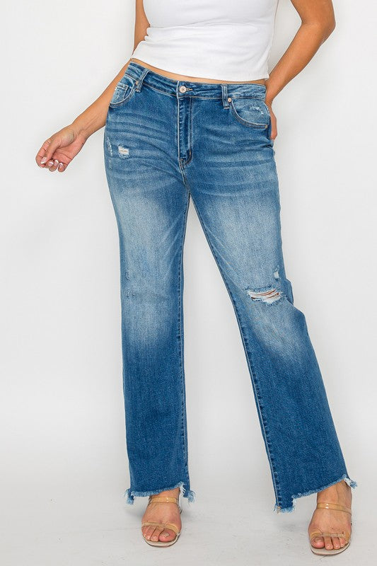 bytos Full Size Raw Hem Distressed Mid Rise Straight Jeans - Little Miss Vanilla