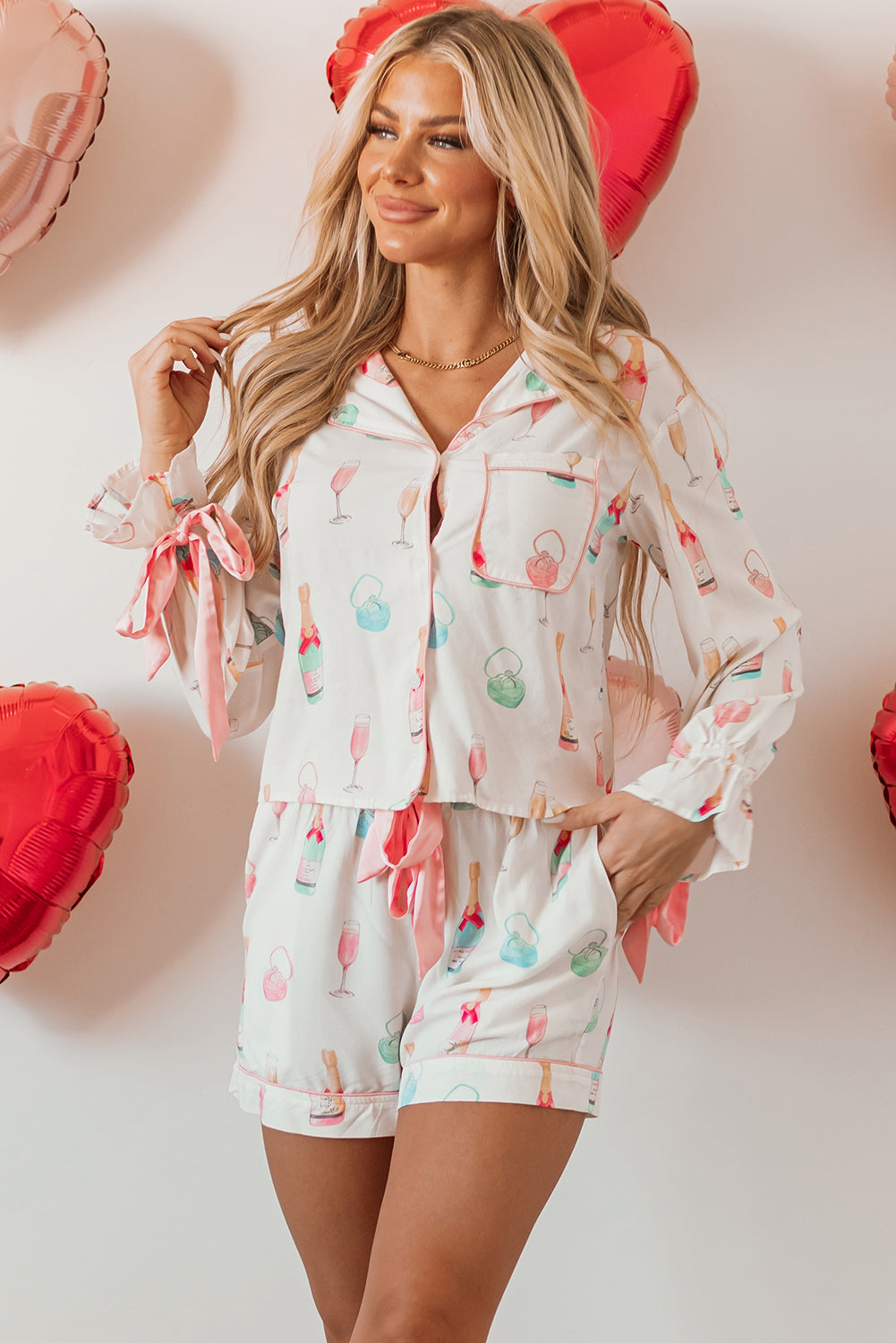 White Christmas Wine Glass Print Bow Knot Two Piece Pajama Set - Little Miss Vanilla