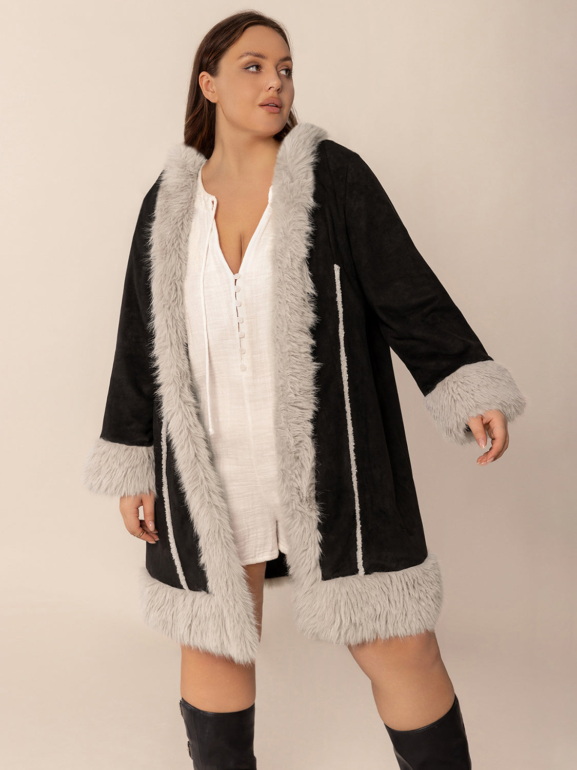 Plus Size Fuzzy Trim Open Front Long Sleeve Hooded Coat - Little Miss Vanilla