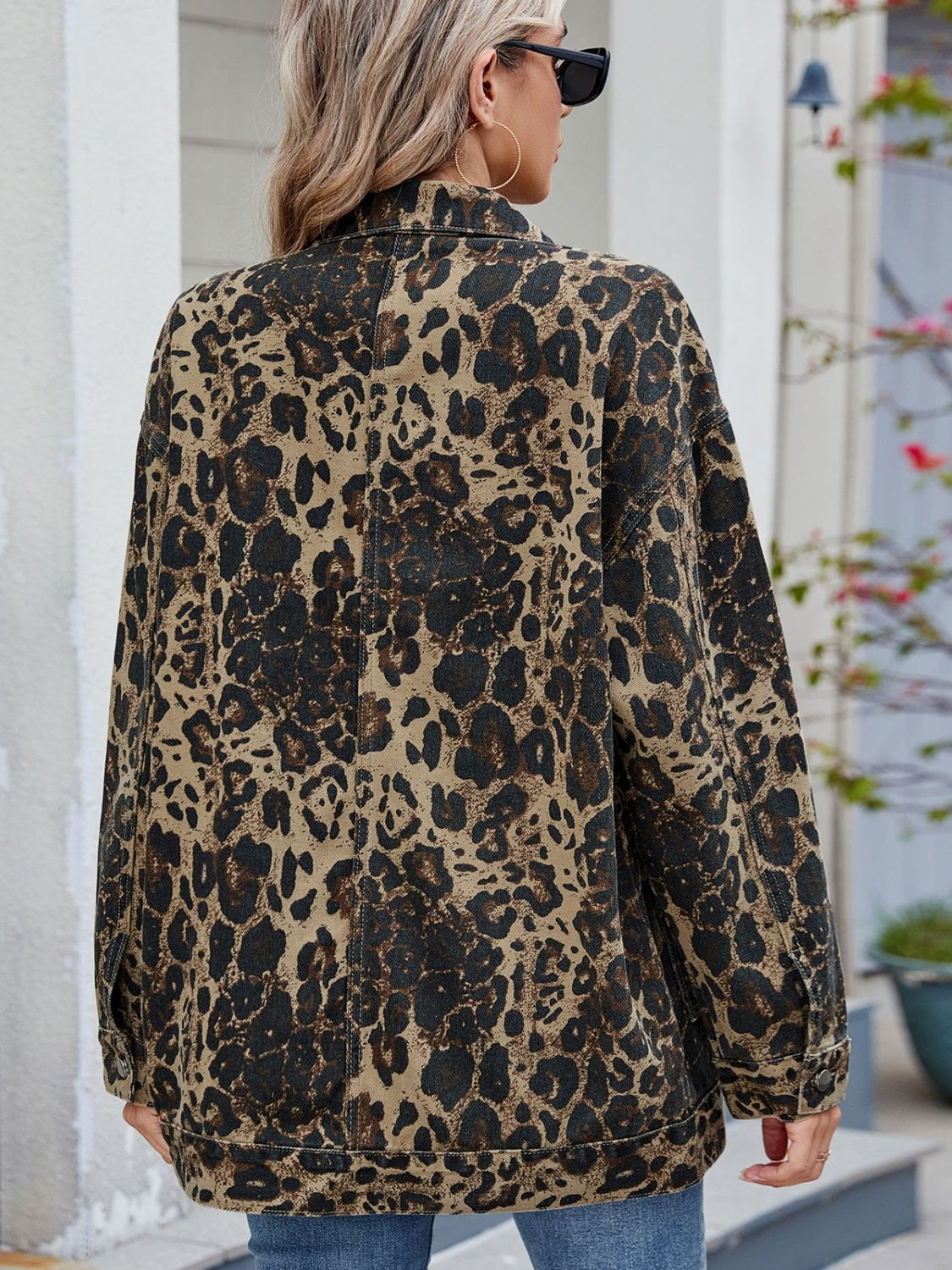 Leopard Button Up Drop Shoulder Denim Jacket - Little Miss Vanilla