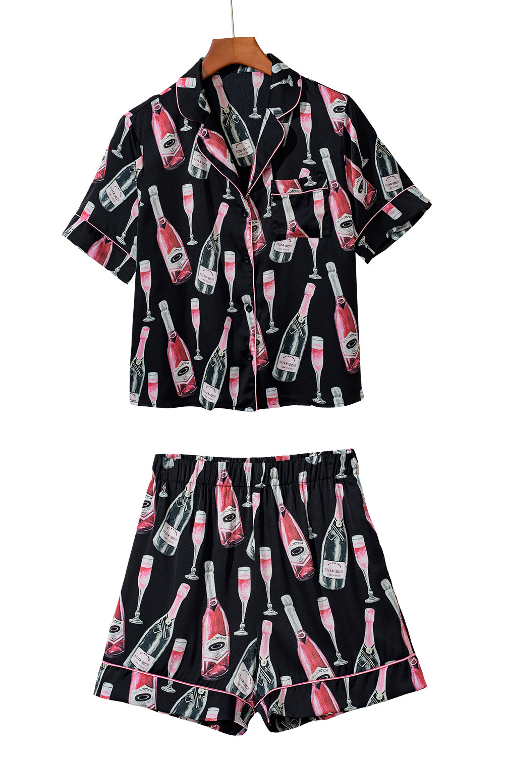 Black Champagne Print Silky Short Sleeve Pajamas Set - Little Miss Vanilla