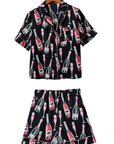 Black Champagne Print Silky Short Sleeve Pajamas Set - Little Miss Vanilla